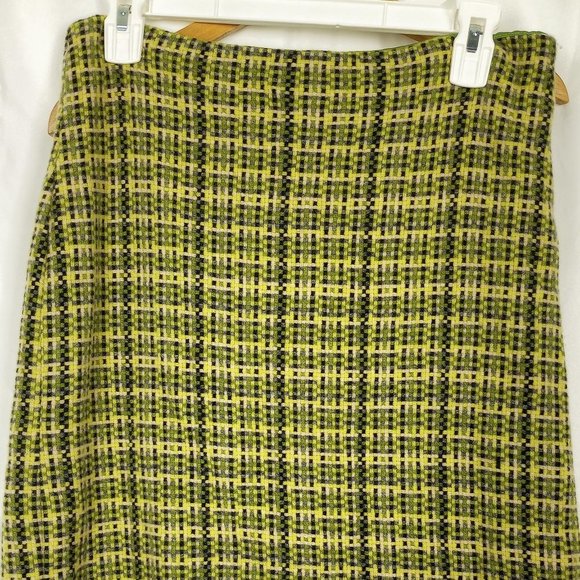 Theory Lime Green Plaid Tweed Wool Blend Knee Length Pencil Skirt Size 12 - Picture 2 of 15